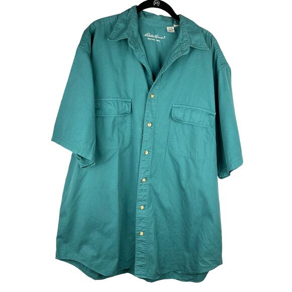 Vintage Eddie Bauer Men's Rufton Twill Teal Short Sleeve Button Down Sz L Tall - Picture 1 of 3